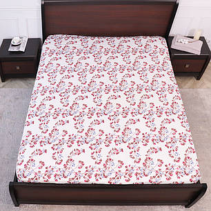 Захисне натяжне міцне простирадло гумка односпальне з бязі (90*200*25) бавовняне молочного кольору з квітковим принтом, фото 1