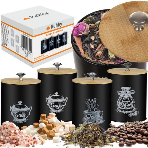 Набір кухонних контейнерів Ruhhy 24578 — 4×1,5 л, матовий чорний, бамбукові кришки, фото 1