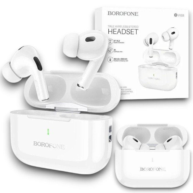 Бездротові навушники Borofone BW59 Bluetooth 5.3 з мікрофоном та зарядним кейсом (білі), фото 1