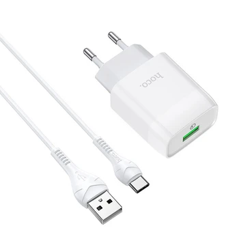 Сетевое зарядное устройство Hoco C72Q (USB/QC3.0) + USB кабель Type-C-белый
