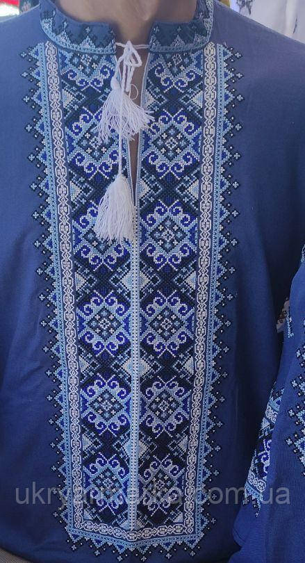 Синя вишиванка для чоловіка з вишивкою "Тустань" короткий рукав
