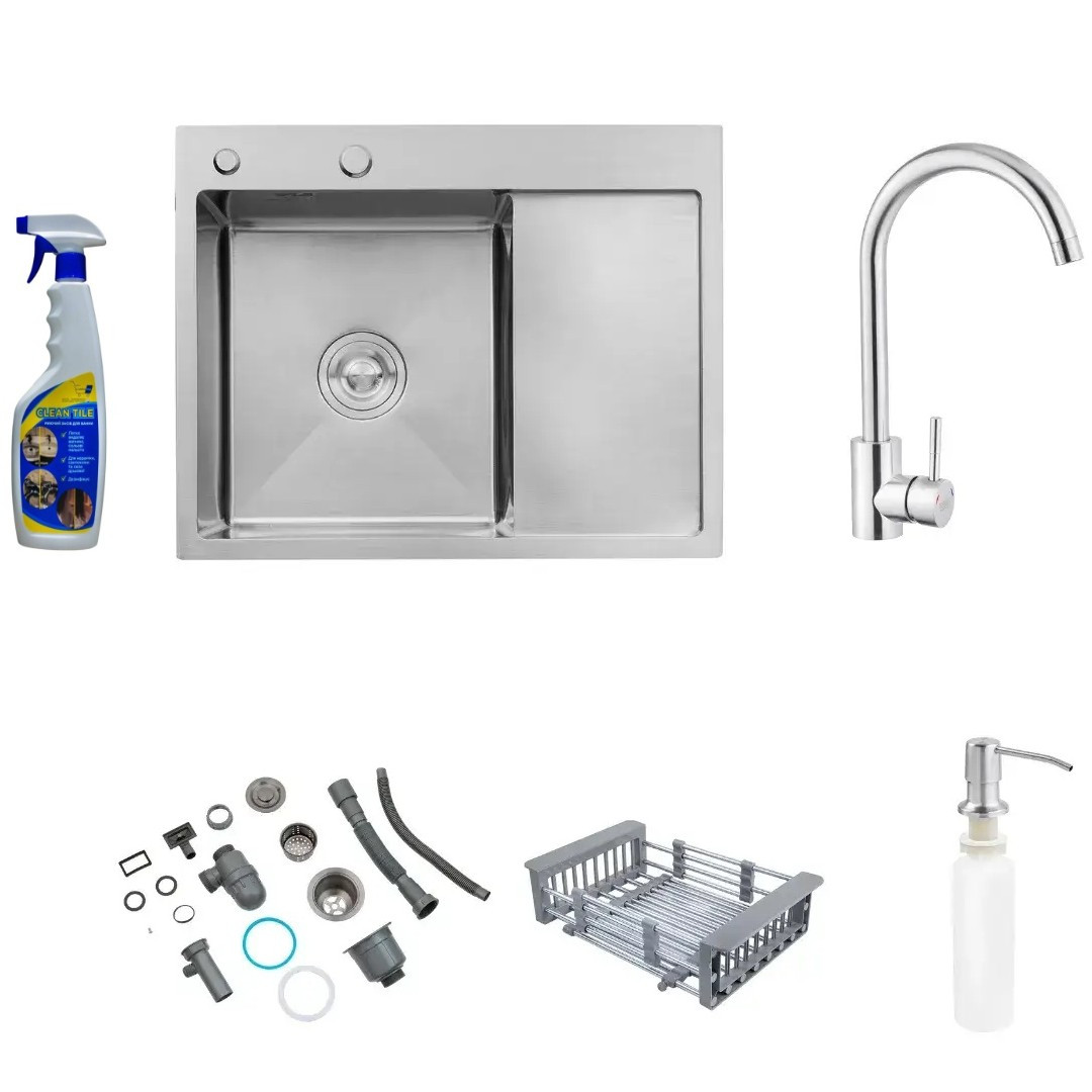 Раковина на кухню Kroner KRP Gebürstet - 6350LHM (3,0/1,0 мм) прямокутна з сифоном та сушаркою, фото 1