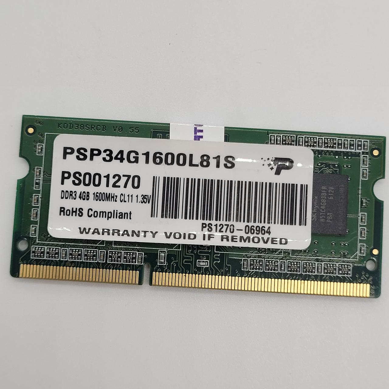 Оперативна пам'ять для ноутбука Patriot SODIMM DDR3L 4Gb 1600MHz PC3L-12800s 1R8 CL11 (PSP34G1600L81S) Б/В