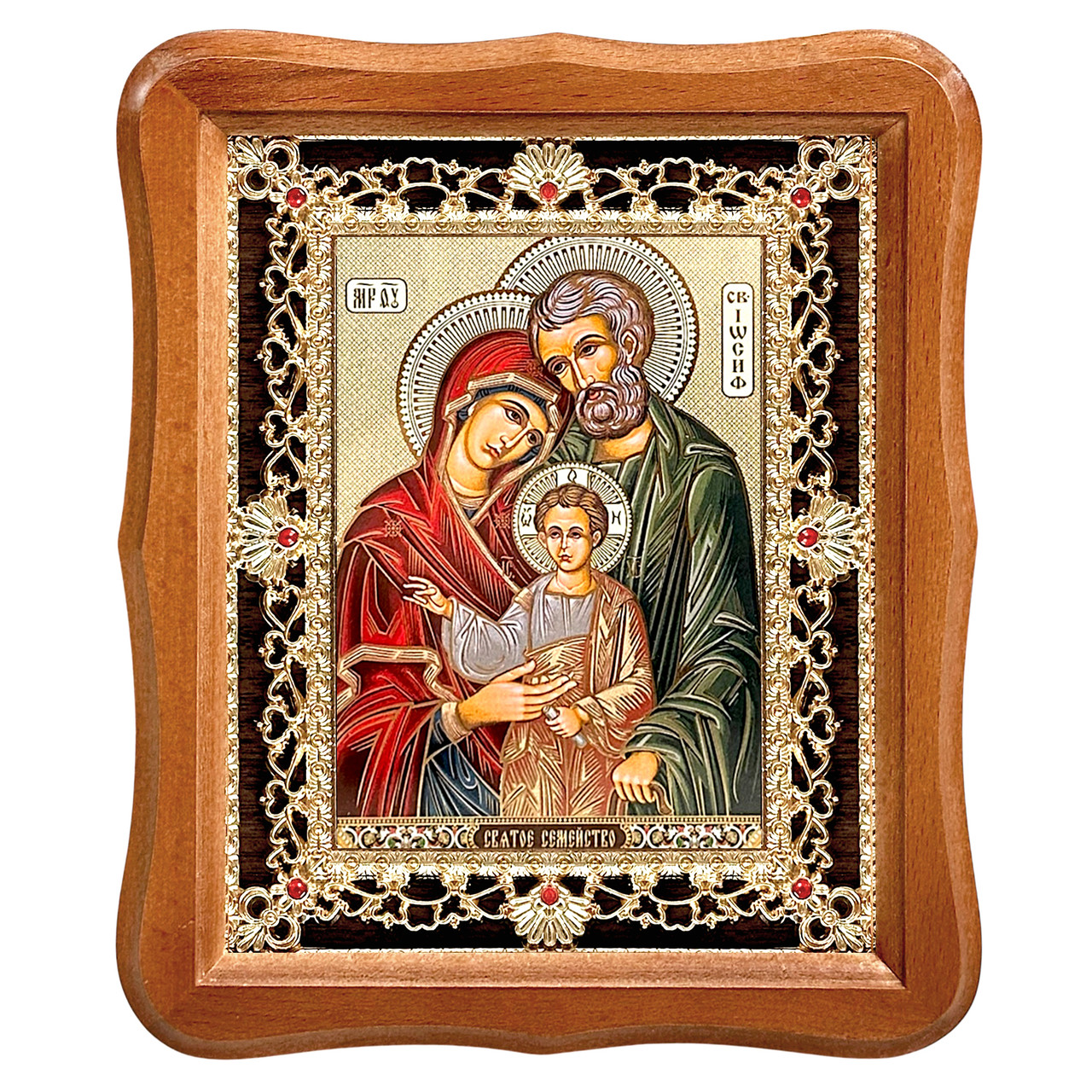 Ікона Святе Сімейство, лик 15х18 см, у світлому дерев'яному кіоті з камінням, фото 1