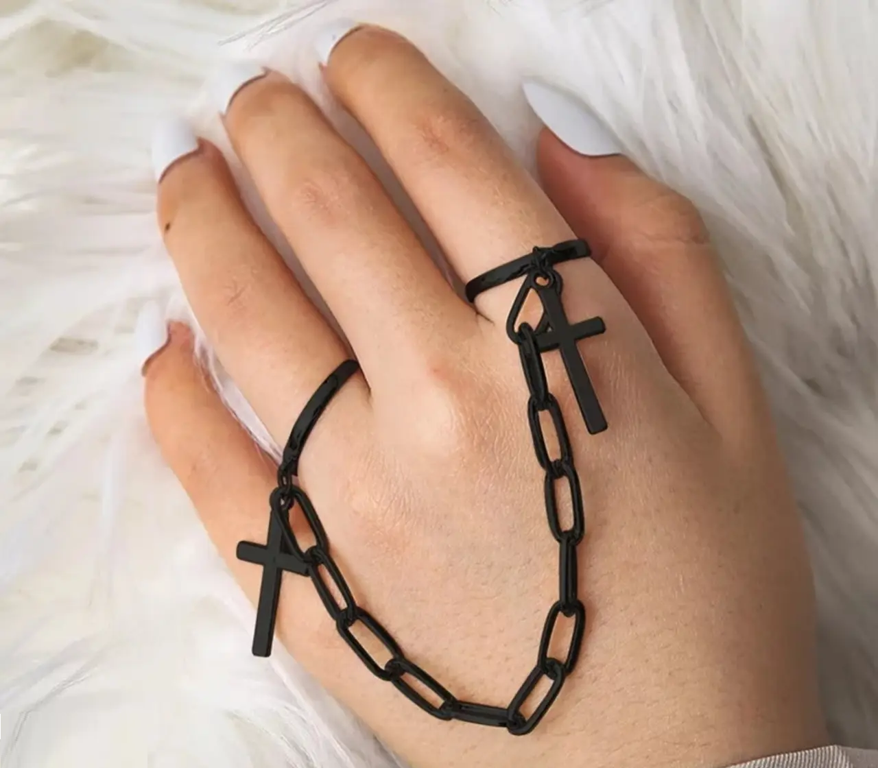 Набір чорних кілець хрести 2 шт з'єднані ланцюжком регульовані з хрестом, фото 1