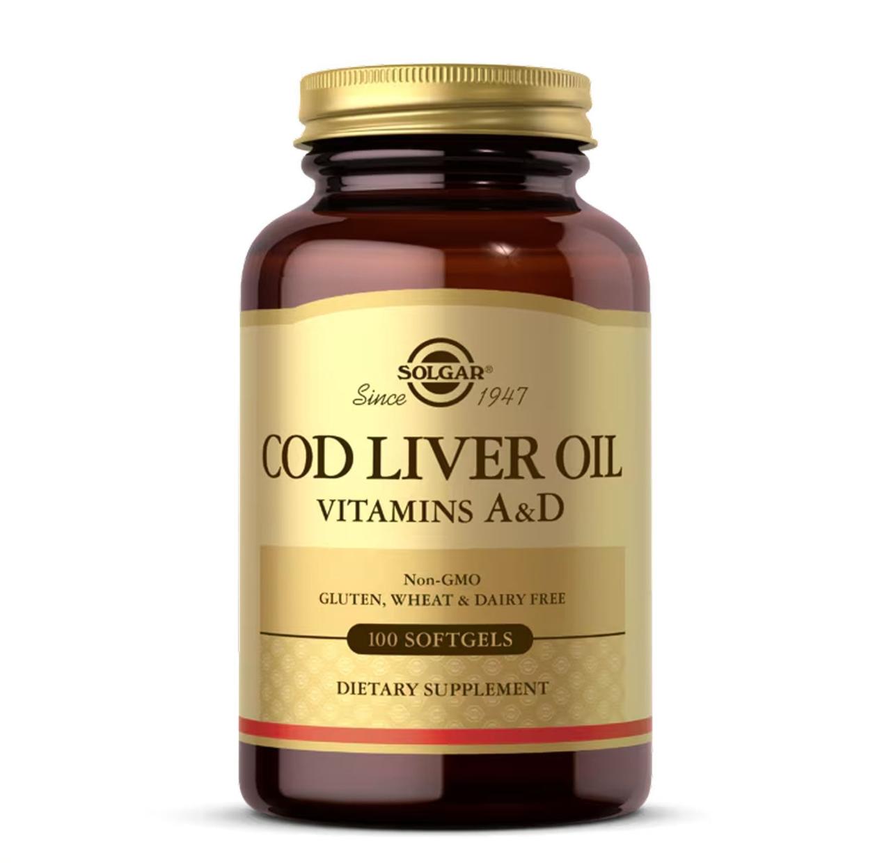 Жир печінки тріски Solgar Cod Liver Oil Vitamins A&D, 100 капсул, фото 1