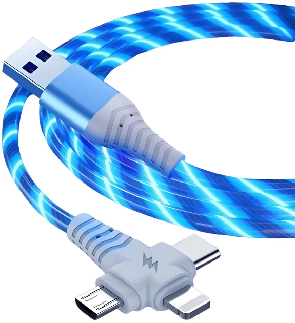 Зарядний кабель 3в1 Micro USB Type-c Lightning з підсвіткою блакитного кольору 1 м, фото 1