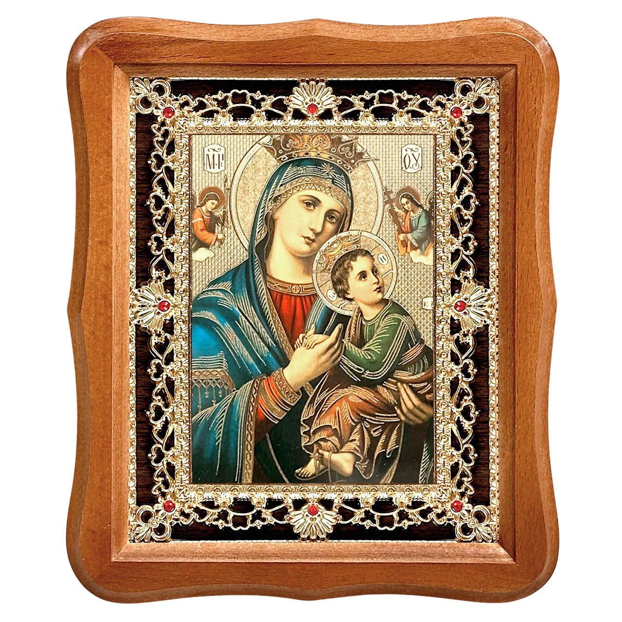 Ікона Пресвята Богородиця Пристрасна, лик 15х18 см, у світлому дерев'яному кіоті з камінням, фото 1