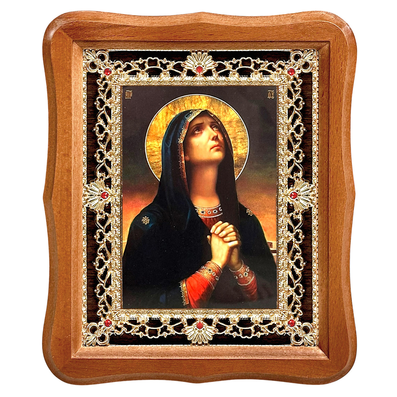 Ікона Скорботна Пресвята Богородиця, лик 15х18 см, у світлому дерев'яному кіоті з камінням, фото 1