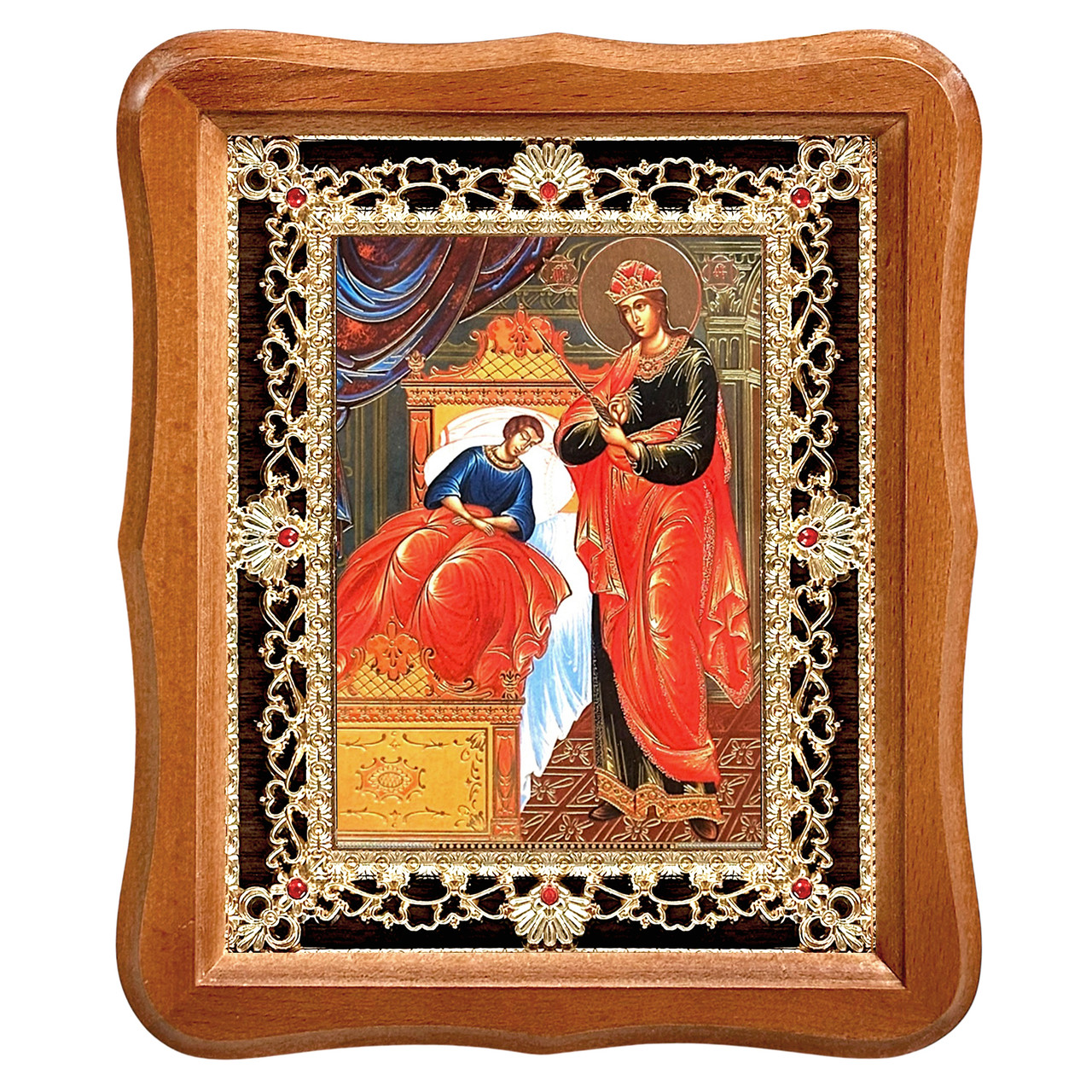 Ікона Цілителька Пресвята Богородиця, лик 15х18 см, у світлому дерев'яному кіоті з камінням, фото 1