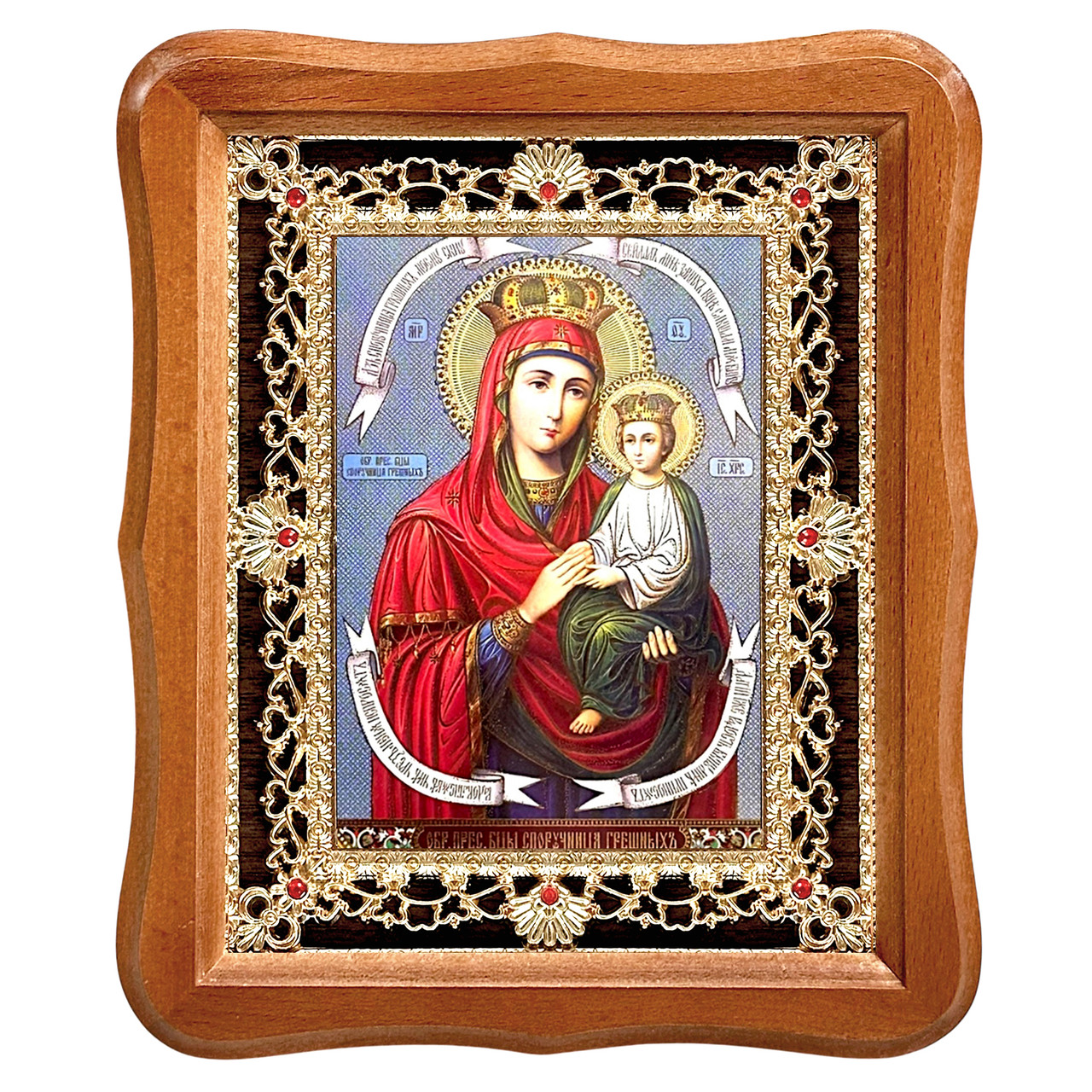 Ікона Споручниця грішних Пресвята Богородиця, лик 15х18 см, у світлому дерев'яному кіоті з камінням, фото 1