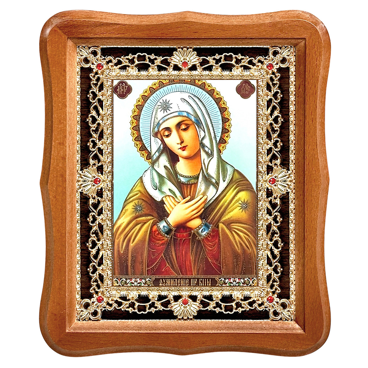 Ікона Розчулення Пресвята Богородиця, лик 15х18 см, у світлому дерев'яному кіоті з камінням, фото 1