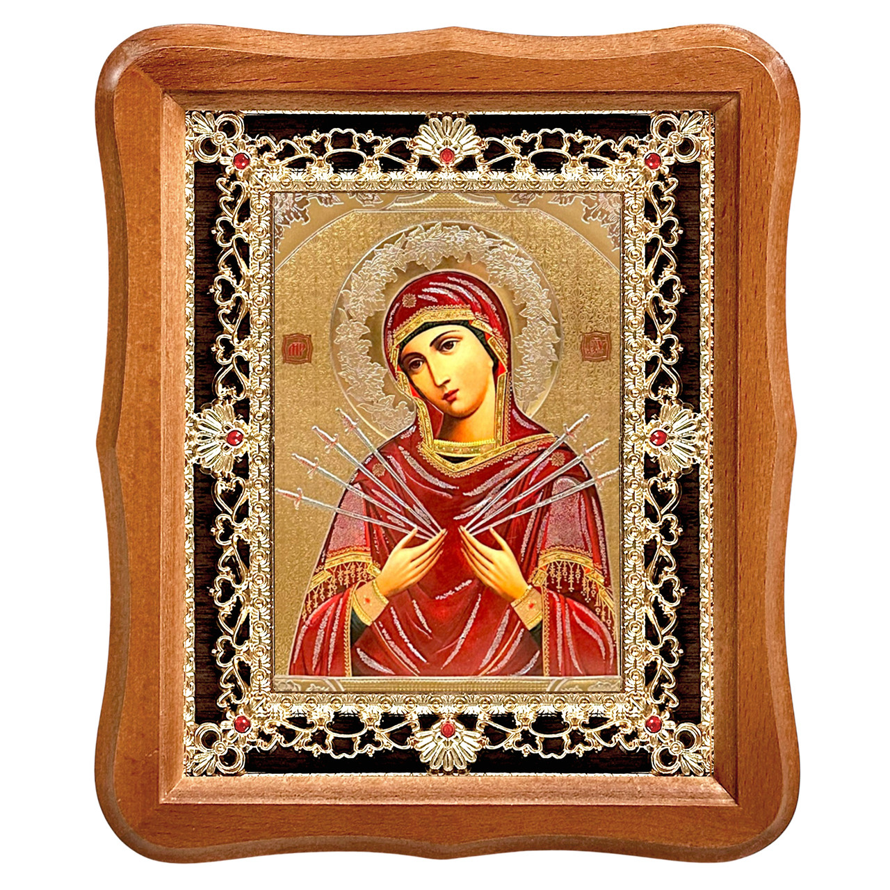 Ікона Семистрільна Пресвята Богородиця, лик 15х18 см, у світлому дерев'яному кіоті., фото 1