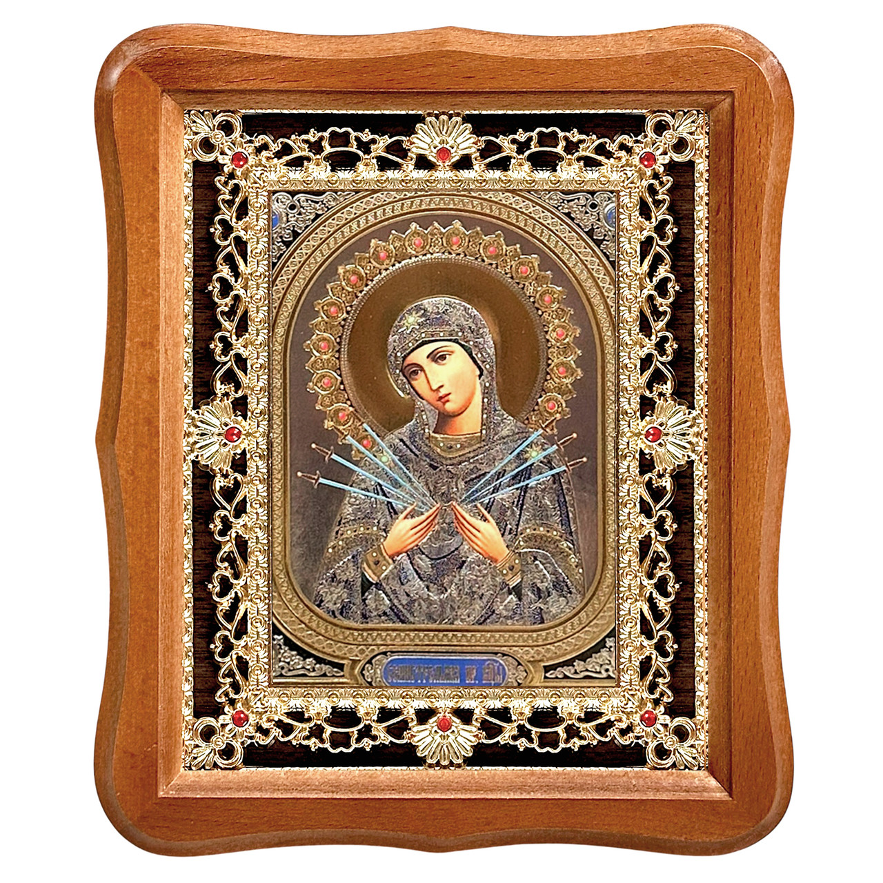 Ікона Семистрільна Пресвята Богородиця, лик 15х18 см, у світлому дерев'яному кіоті., фото 1