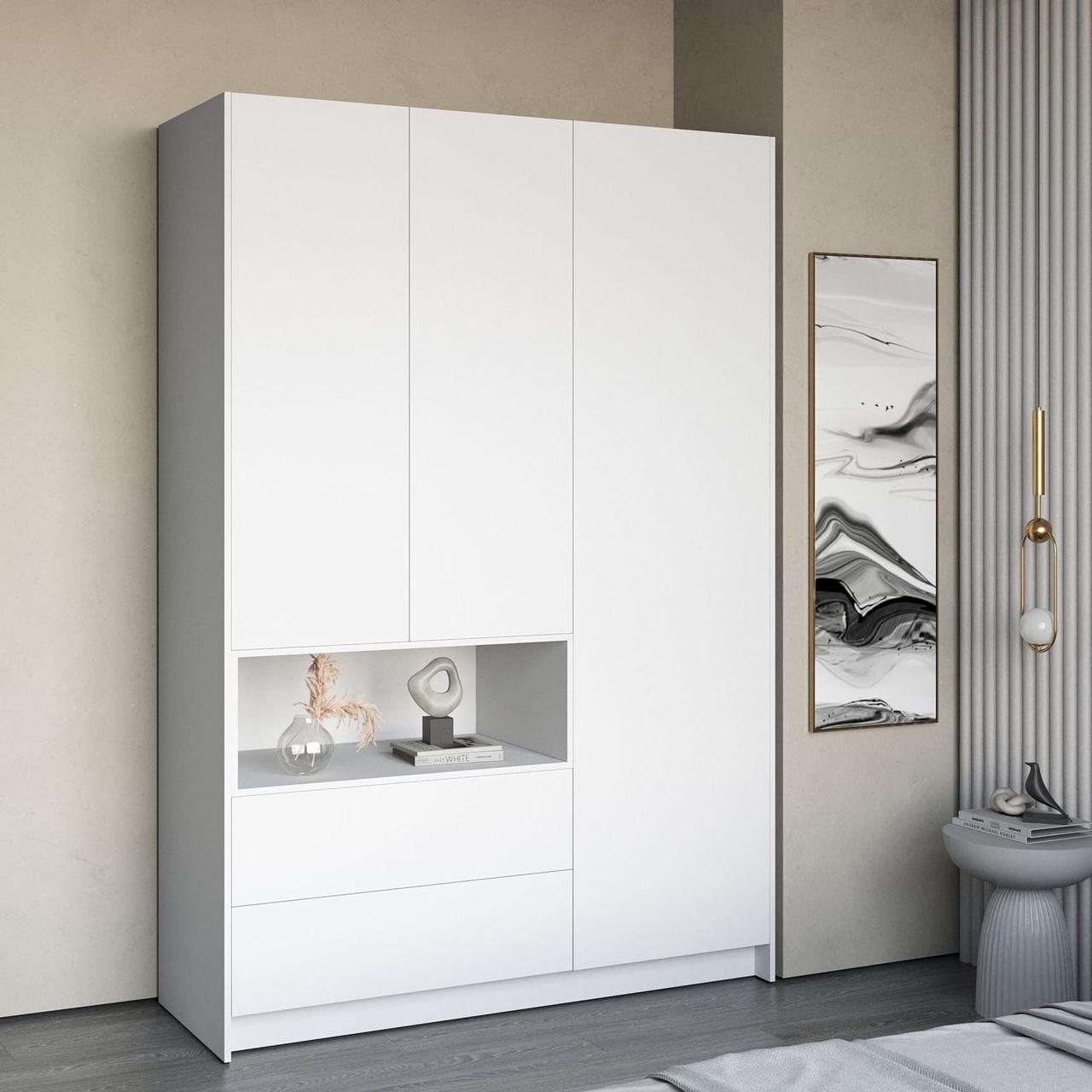 Тридверна шафа без ручок з 5 закритими полицями і 1 відкритою Шафа для одягу в сучасному стилі з ДСП, фото 1