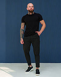 Модні чоловічі штани в смужку чорні на гумці завужені донизу, розмір S, M, L, XL