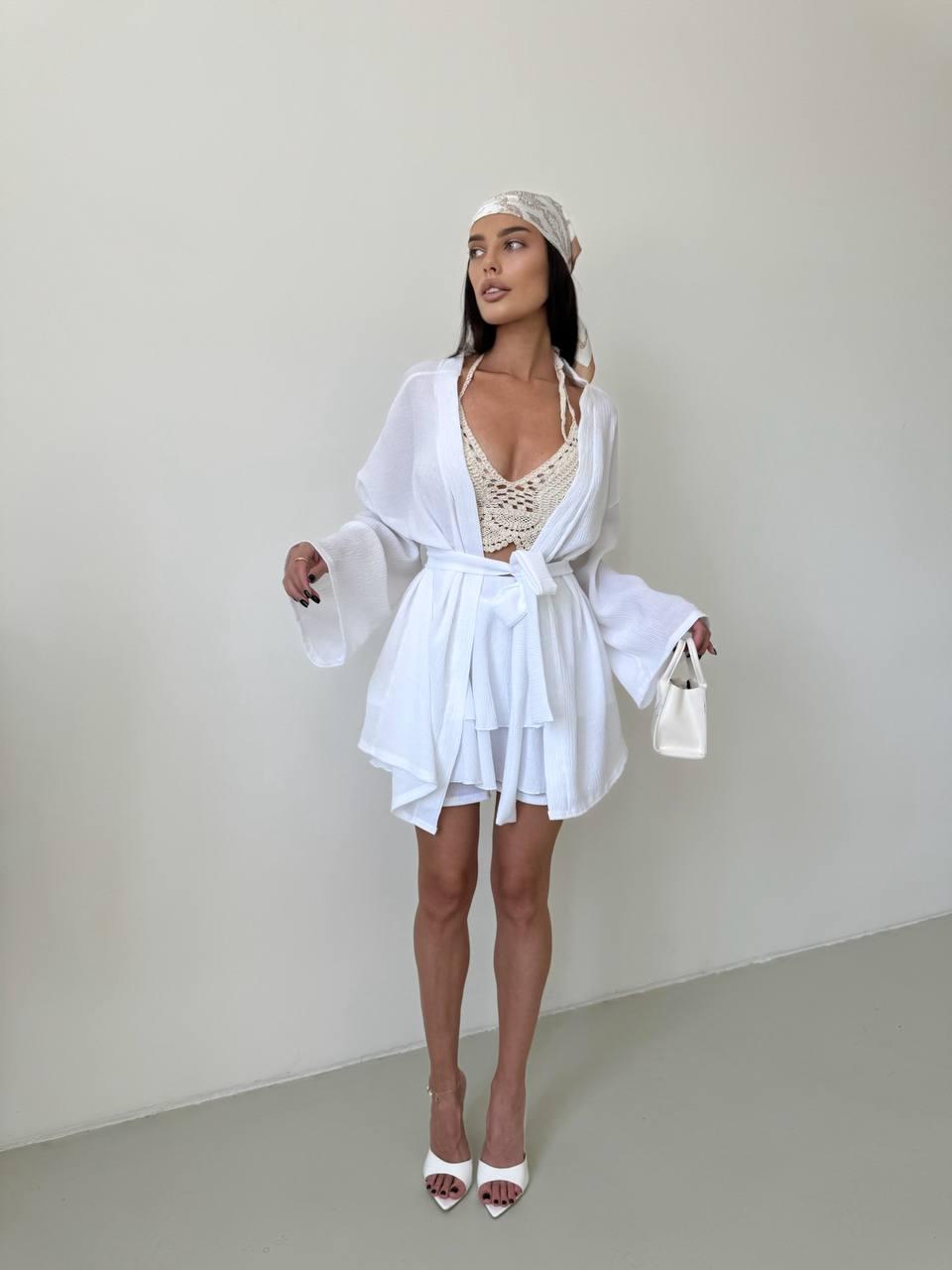 Жіночий ошатний легкий костюм на літо кімоно з довгим рукавом спідниця-шорти літній костюмчик віскозна жниварка, фото 1