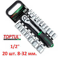 Набір головок 1/2, 20 од., 8 32 мм, 6-гран., з тріскачкою та подовжувачем (планшет) Toptul GABB2001 (Код2132)