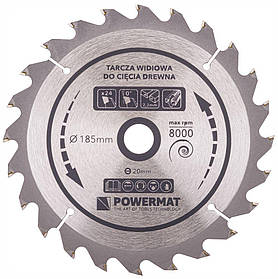 Диск із загартованої сталі пиляльний 185x20 Powermat 24z TDD-185x20x24Z для різання деревини та м'яких матеріалів