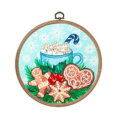 Набір для вишивки муліне та бісером "Різдвяне маршмелоу", п'яльця-рамка,13,5 см