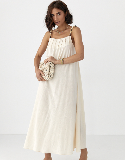 Літній жіночий сарафан міді на бретелях з відкритою спиною бежеве вільне плаття з намистинами, фото 1