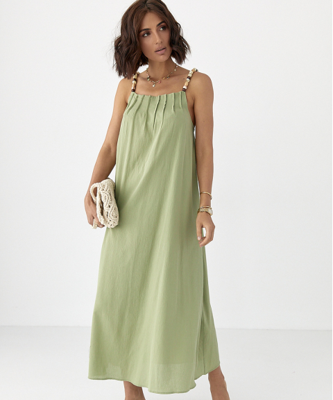 Літній жіночий сарафан міді на бретелях з відкритою спиною хакі вільне плаття з намистинами, фото 1