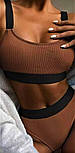 Жіночий купальник із топом із високою посадкою в рубчик коричневий із поролоновими чашками, розміри S M L, фото 2