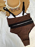 Жіночий купальник із топом із високою посадкою в рубчик коричневий із поролоновими чашками, розміри S M L, фото 4