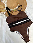 Жіночий купальник із топом із високою посадкою в рубчик коричневий із поролоновими чашками, розміри S M L, фото 6