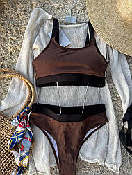 Жіночий купальник із топом із високою посадкою в рубчик коричневий із поролоновими чашками, розміри S M L