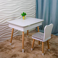 Дитячий стіл з пеналом + стілець з м'якою подушкою для сидіння Білий з сірою окантовкою