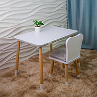 Дитячий стіл + стілець з м'якою подушкою для сидіння Білий з сірою окантовкою