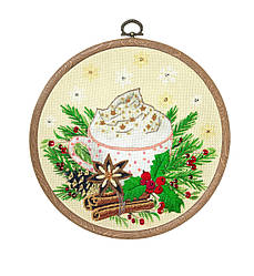 Набір для вишивки муліне та бісером "Різдвяне капучіно", п'яльця-рамка,13,5 см