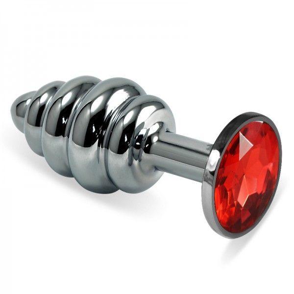 Анальна пробка, рельєфний корок Lovetoy Rosebud Spiral Metal з червоним каменем