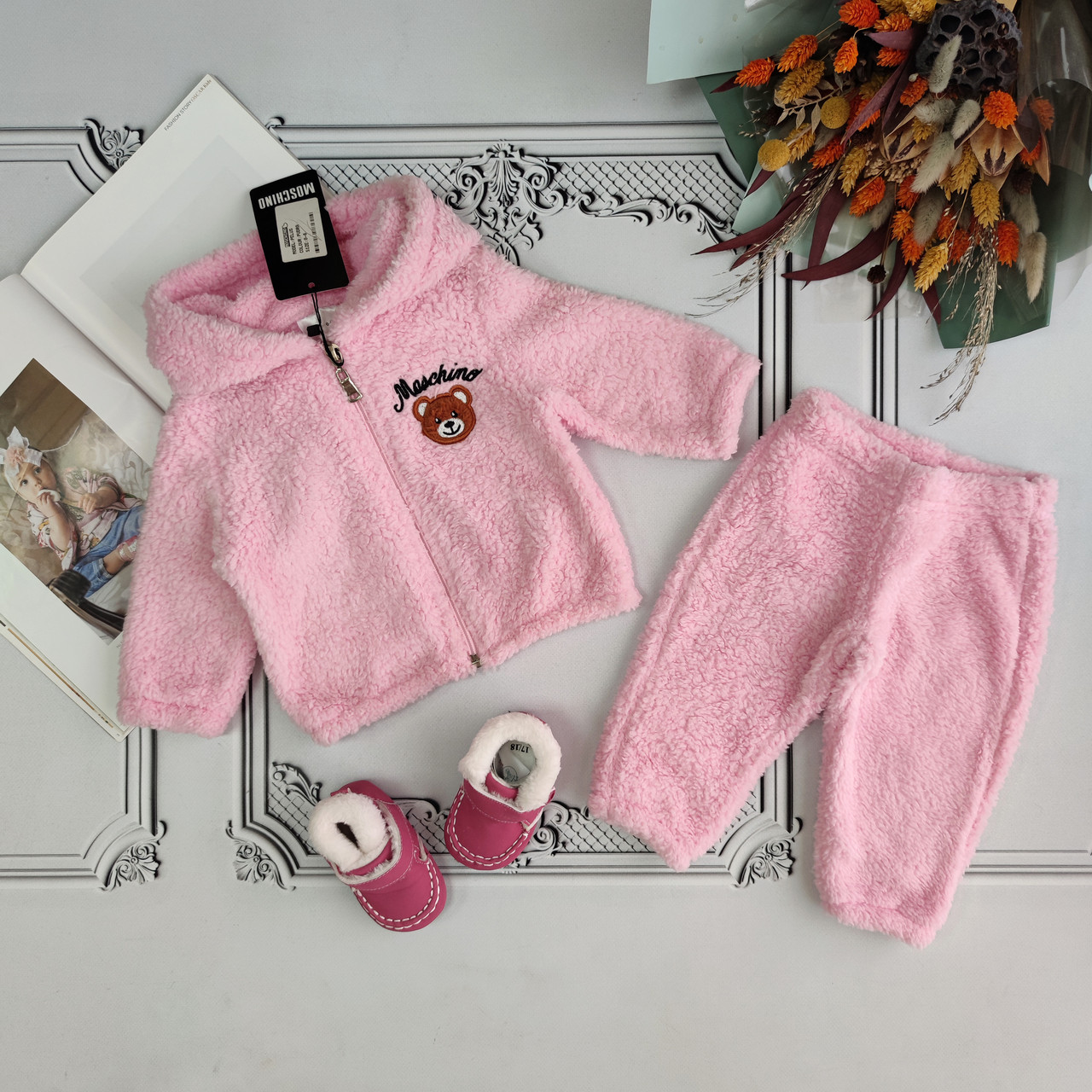 Рожевий теплий плюшевий костюм для новонародженої дівчинки Moschino