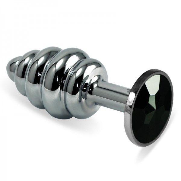 Анальна пробка, рельєфний корок Lovetoy Spiral Metal Plug з чорним каменем