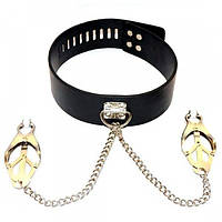 Нашийник БДСМ, ошийник з прищіпками для сосків, екокожа, регульований