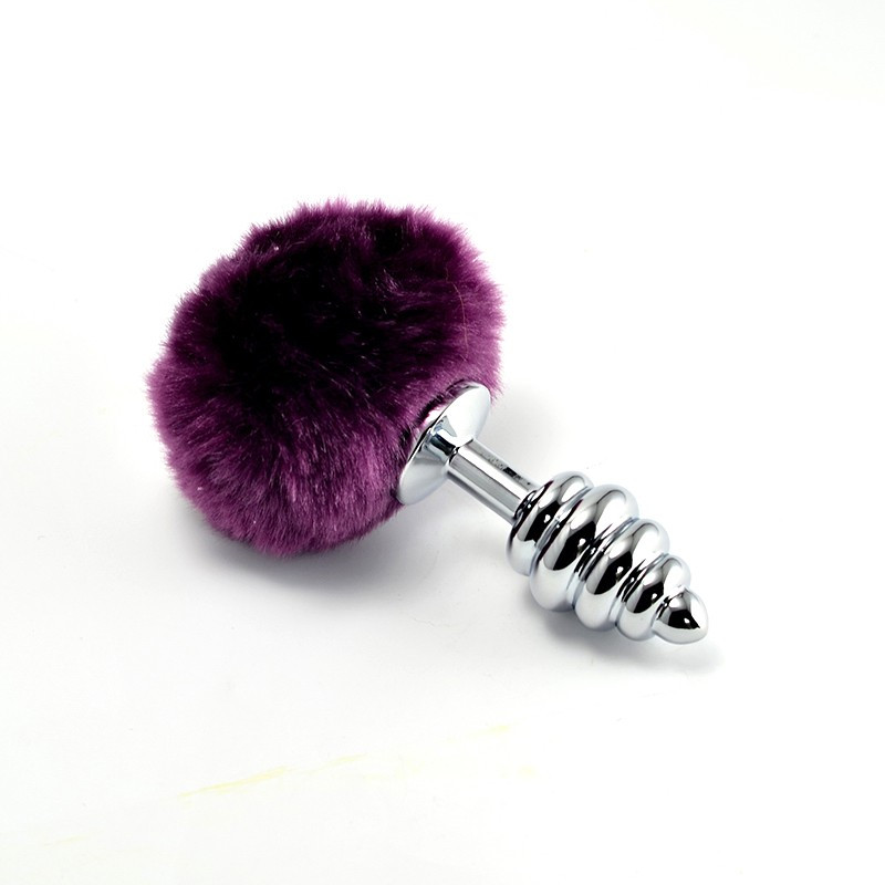 Корок стимуляції ануса, анальна пробка Lovetoy Spiral Pompon Metal Plug сріблястий з фіолетовим помпоном, фото 1