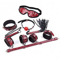 Набір БДСМ, комплект для ігор з наручниками, нашийником та кляпом, натуральна шкіра, червоний