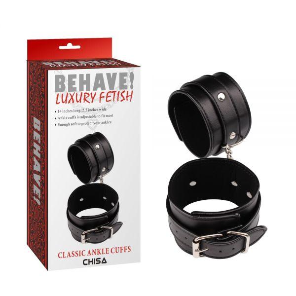 Чорні наножники, фіксатори для ніг Behave! Luxury Fetish Classic екошкіра, фото 1