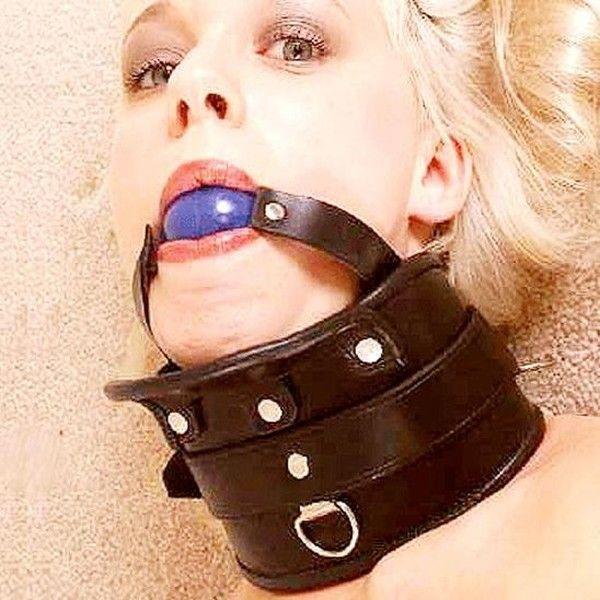 Намордник, фіксатор рота шкіряний з гумовою кулькою синій, фото 1