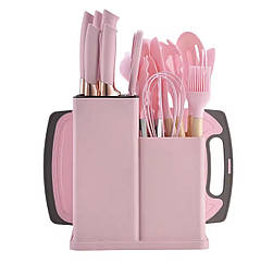 Набір ножів та кухонного приладдя Zepline ZP-107 на підставці, 19 предметів рожевий