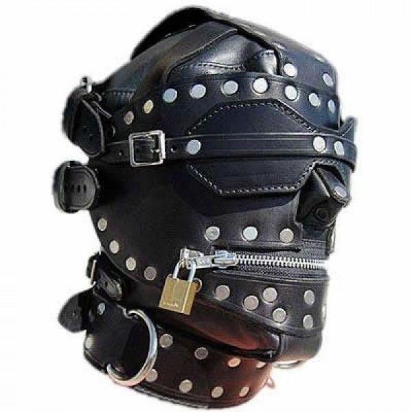Маска BDSM, шкіряна маска з ременями, регульована, чорна, понад 80 металевих заклепок, фото 1