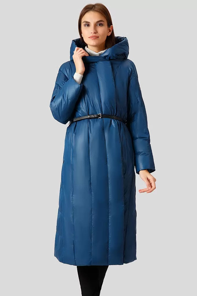 Довга жіноча зимова куртка з поясом Finn Flare W18-32014-101 синя M, фото 1