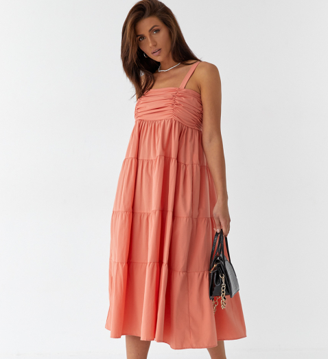 Легкий літній жіночий сарафан міді на бретелях з воланами помаранчева сукня з драпіруванням, фото 1