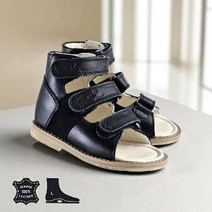 Дитячі чорні шкіряні босоніжки ортопедичні сандалії на липучках 27 розмір