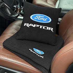 Подушка та плед в машину з логотипом авто Ford Raptor, чорний з кольоровою вишивкою