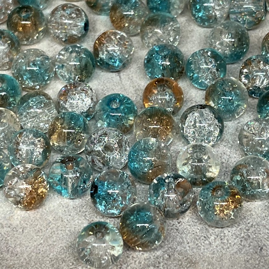 Скляні намистини "Бите скло" 8 мм, колір бежевий-бірюзовий-прозорий, арт 018523, уп 98-100 шт, Різнокольоровий, фото 1