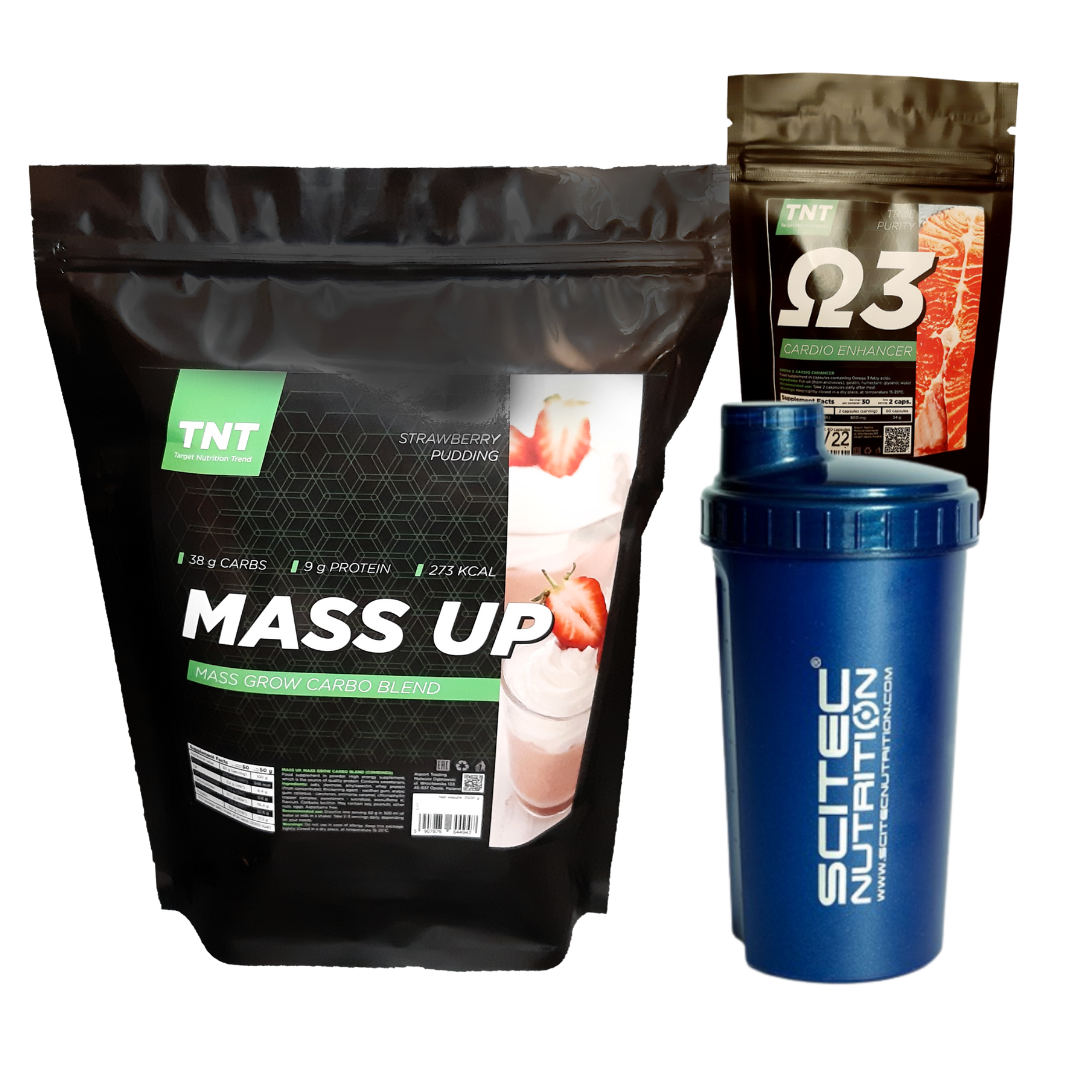 Мас-комплект на 1 Місяць: Гейнер Mass Up TNT Nutrition 2,5 кг + кардіопротектор Омега -3+ Шейкер!