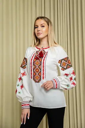 Жіноча вишиванка з геометричним орнаментом червоно-жовта хрестиком рукав ліхтарик етно блуза з льону, фото 1